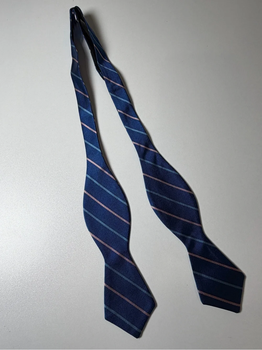 J. Crew Hand Made in USA 100% Silk Navy Blue Striped Adjustable Bow Tie Classic